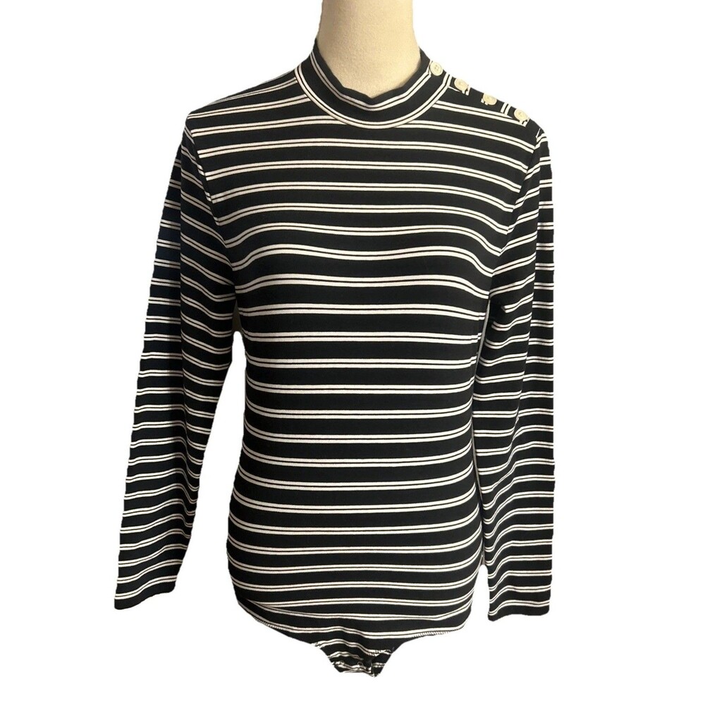 J Crew Size M Stripe Mock Neck Black Shoulder Button Bodysuit Nautica Cotton
